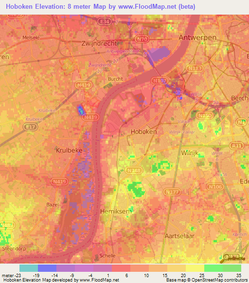 Hoboken,Belgium Elevation Map