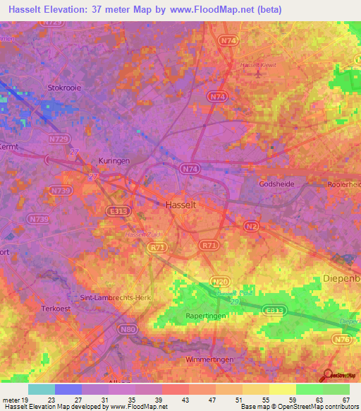 Hasselt,Belgium Elevation Map