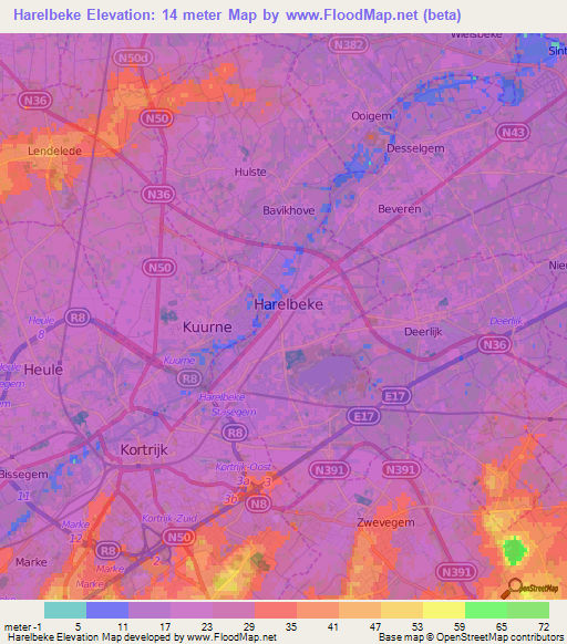 Harelbeke,Belgium Elevation Map