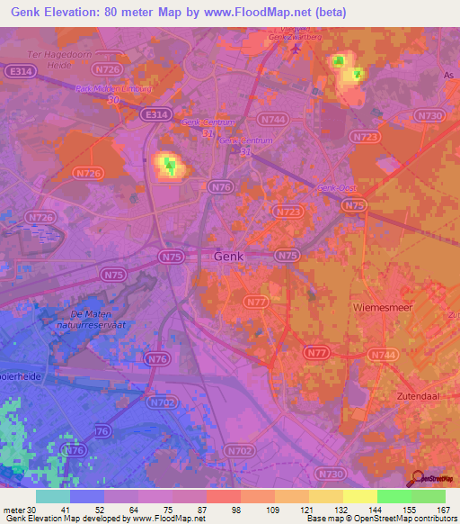 Genk,Belgium Elevation Map