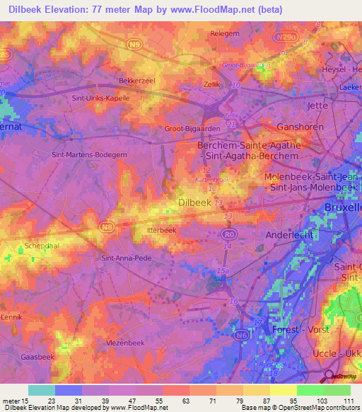 Dilbeek,Belgium Elevation Map