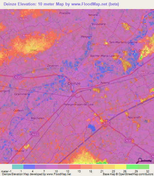 Deinze,Belgium Elevation Map
