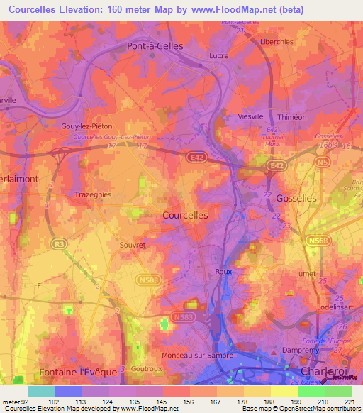 Courcelles,Belgium Elevation Map