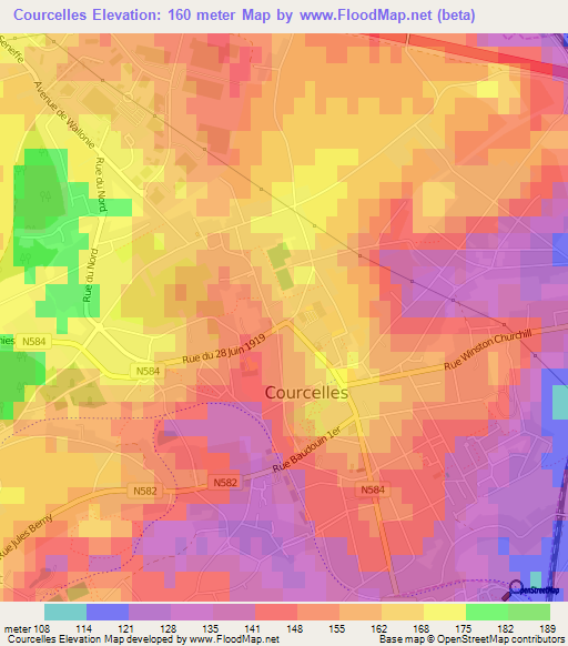 Courcelles,Belgium Elevation Map