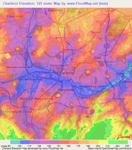 Charleroi,Belgium Elevation Map