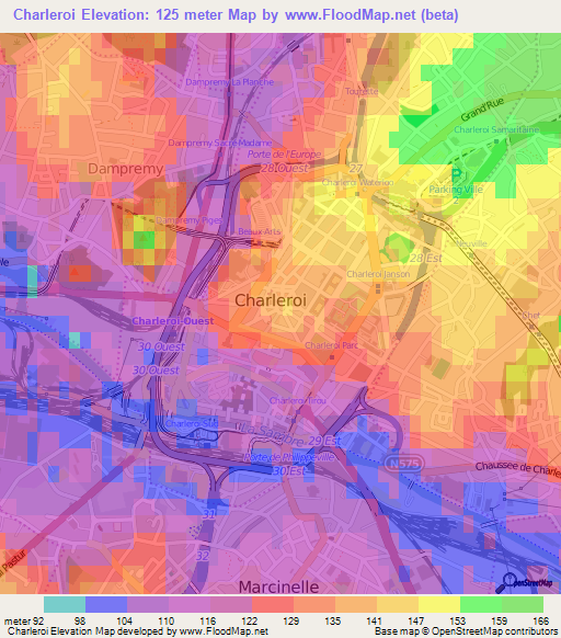 Charleroi,Belgium Elevation Map