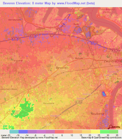 Beveren,Belgium Elevation Map