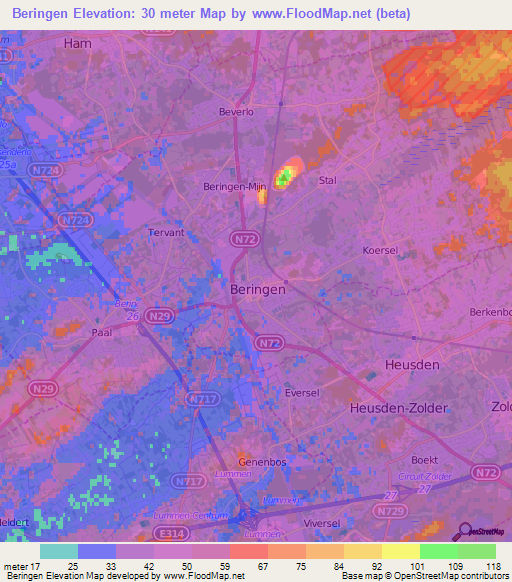 Beringen,Belgium Elevation Map