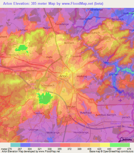Arlon,Belgium Elevation Map