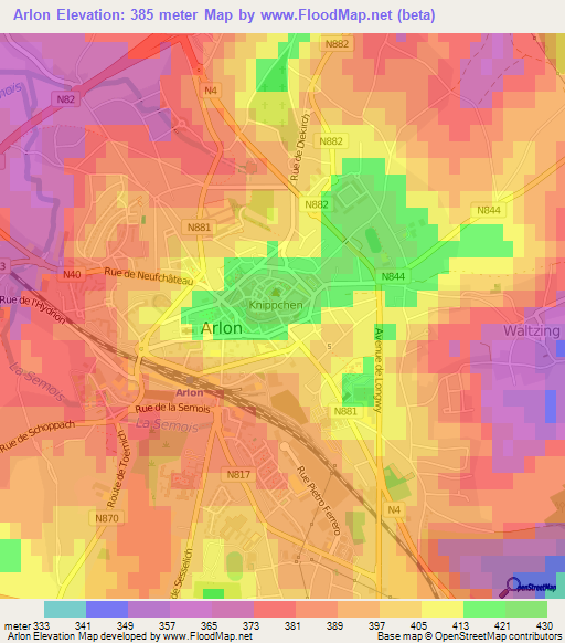 Arlon,Belgium Elevation Map