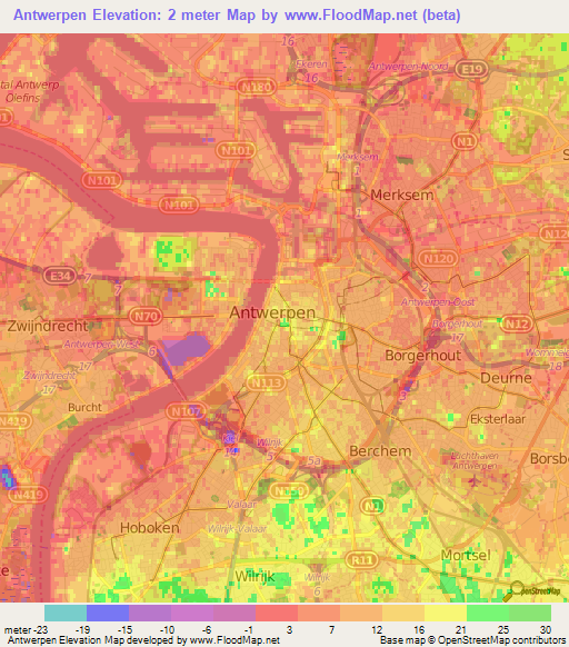 Antwerpen,Belgium Elevation Map