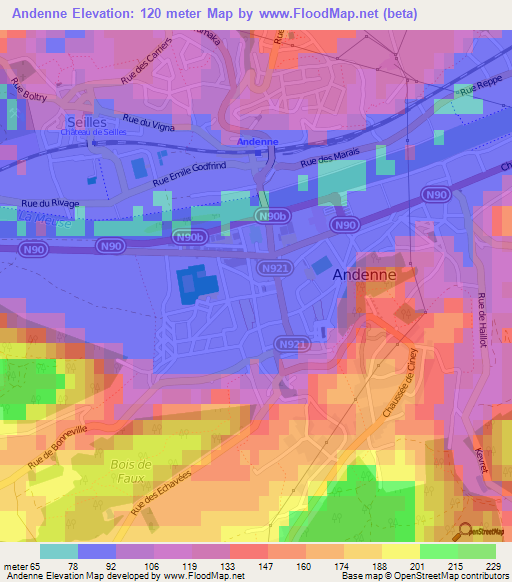 Andenne,Belgium Elevation Map