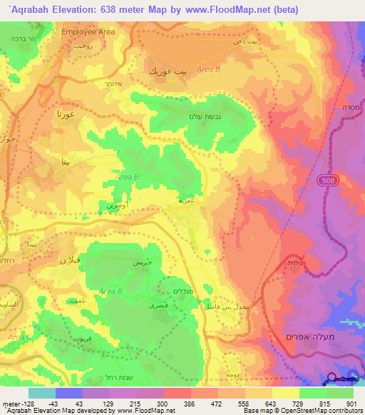 `Aqrabah,Palestinian Territory Elevation Map