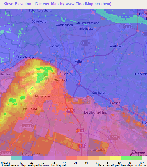 Kleve,Germany Elevation Map