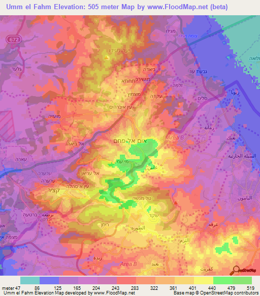 Umm el Fahm,Israel Elevation Map