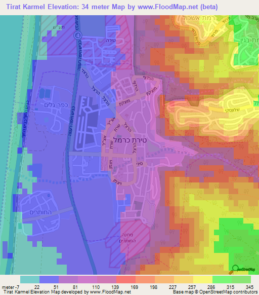 Tirat Karmel,Israel Elevation Map
