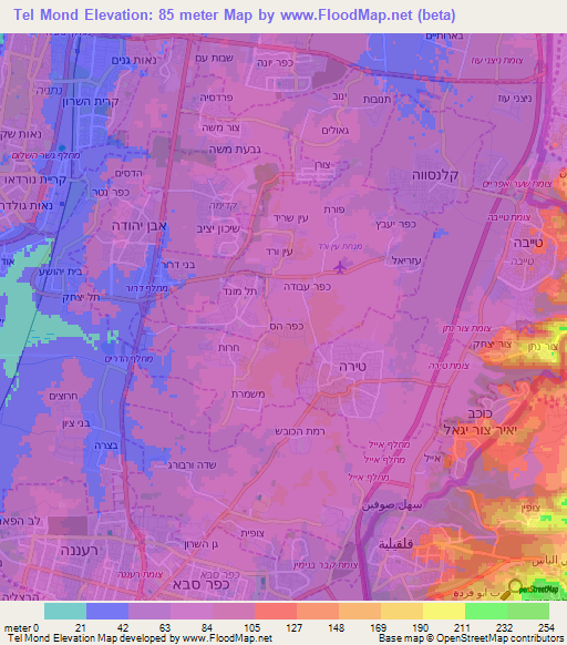Tel Mond,Israel Elevation Map