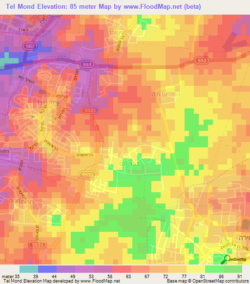 Tel Mond,Israel Elevation Map