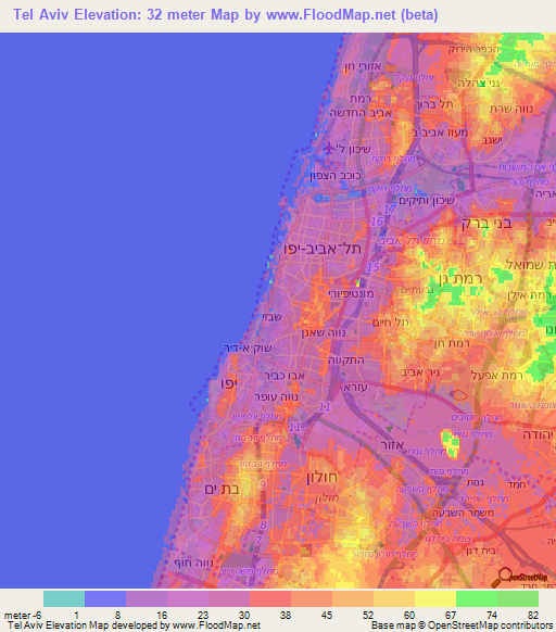 Tel Aviv,Israel Elevation Map