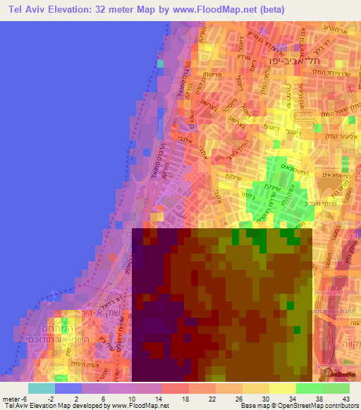 Tel Aviv,Israel Elevation Map