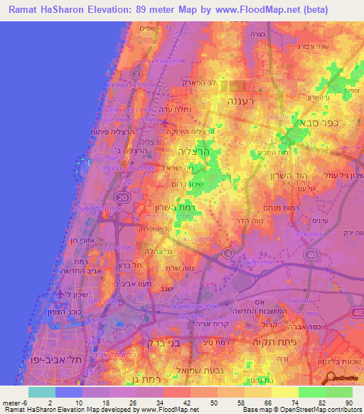 Ramat HaSharon,Israel Elevation Map