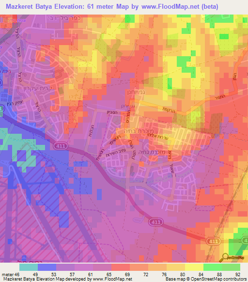 Mazkeret Batya,Israel Elevation Map