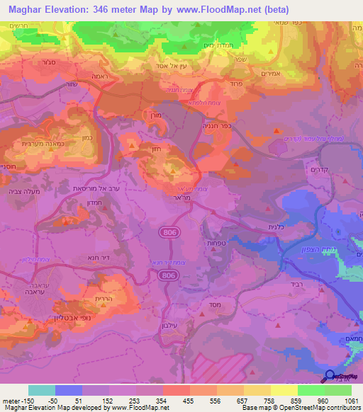 Maghar,Israel Elevation Map