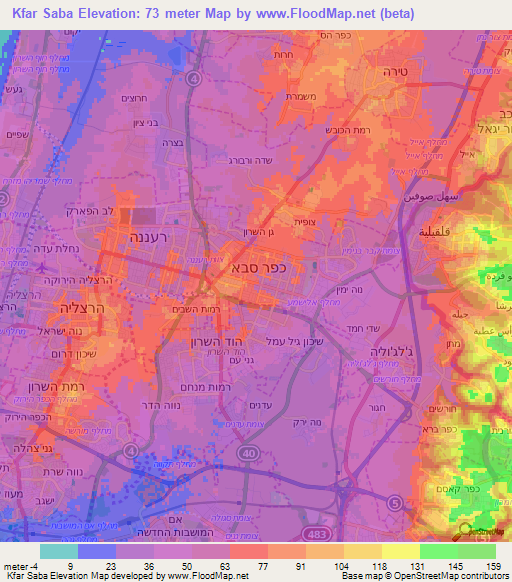 Kfar Saba,Israel Elevation Map
