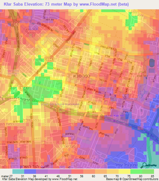 Kfar Saba,Israel Elevation Map