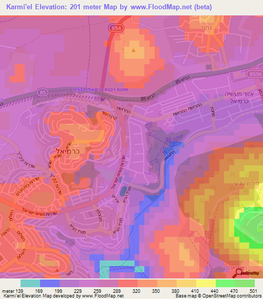 Karmi'el,Israel Elevation Map