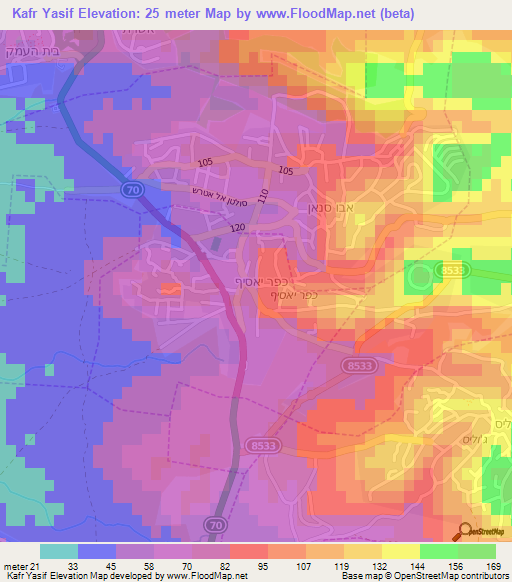 Kafr Yasif,Israel Elevation Map