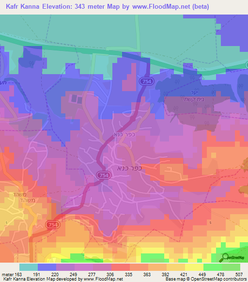 Kafr Kanna,Israel Elevation Map