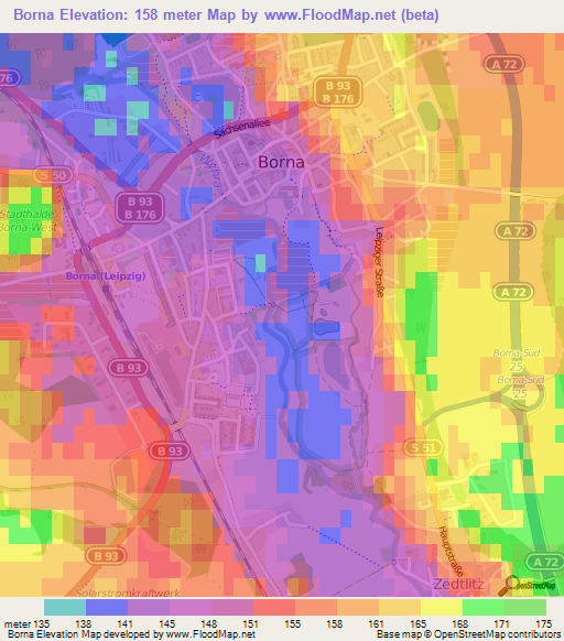 Borna,Germany Elevation Map