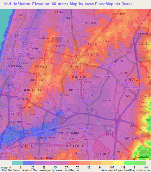 Hod HaSharon,Israel Elevation Map