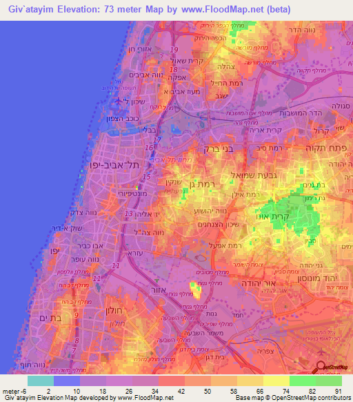 Giv`atayim,Israel Elevation Map