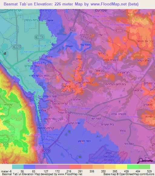 Basmat Tab`un,Israel Elevation Map