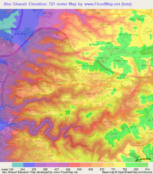 Abu Ghaush,Israel Elevation Map