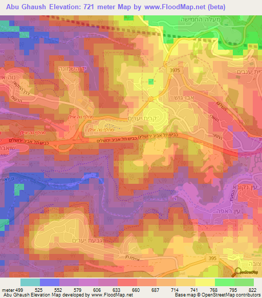 Abu Ghaush,Israel Elevation Map