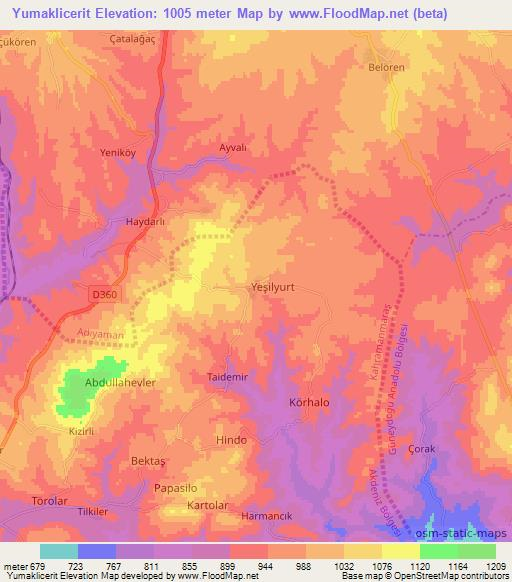 Yumaklicerit,Turkey Elevation Map