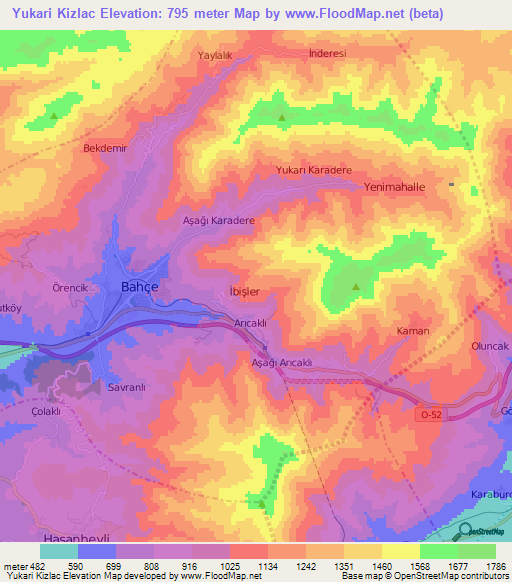 Yukari Kizlac,Turkey Elevation Map