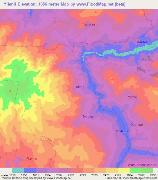 Yilanli,Turkey Elevation Map