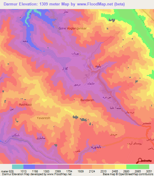 Darmur,Iran Elevation Map