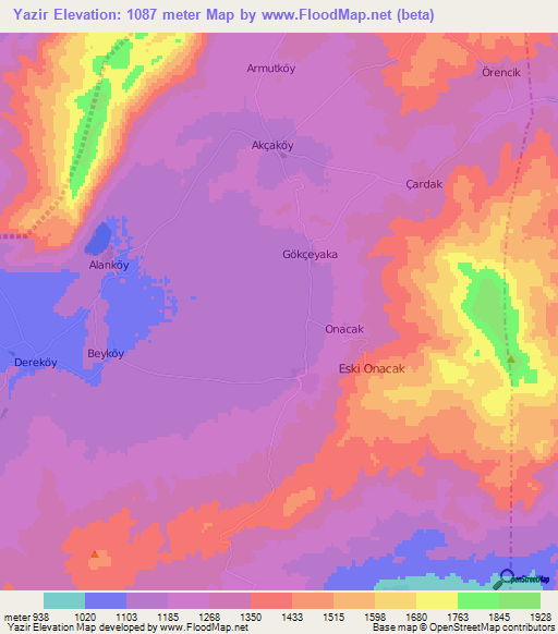 Yazir,Turkey Elevation Map