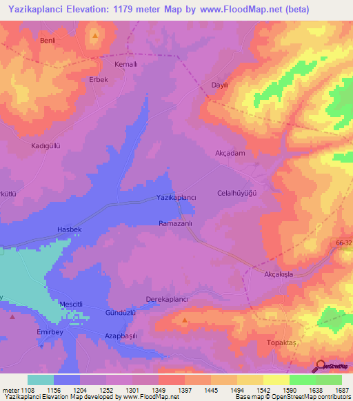 Yazikaplanci,Turkey Elevation Map
