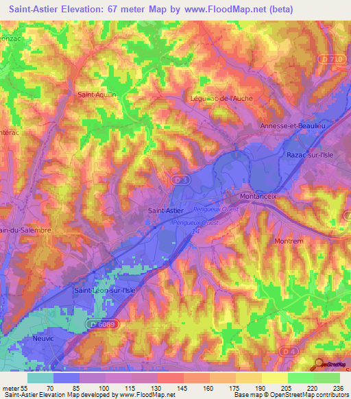 Saint-Astier,France Elevation Map