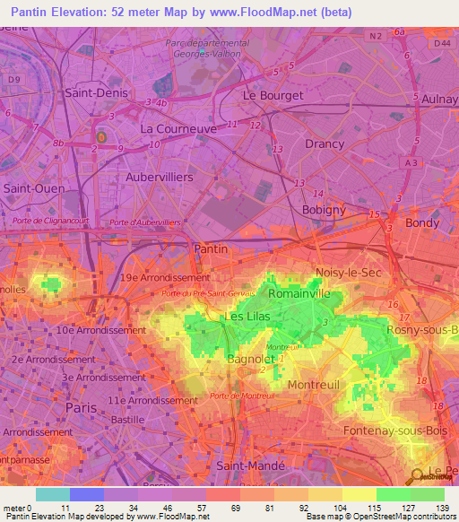 Pantin,France Elevation Map