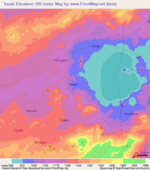 Sazak,Turkey Elevation Map