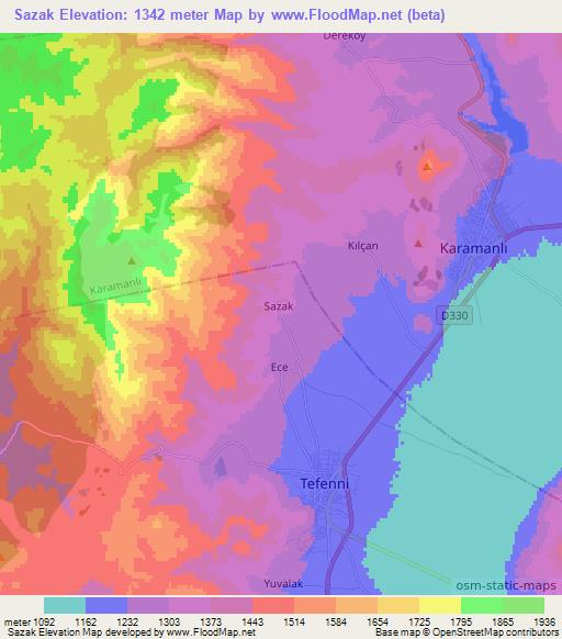 Sazak,Turkey Elevation Map