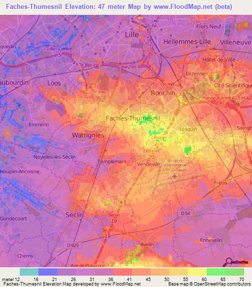 Faches-Thumesnil,France Elevation Map