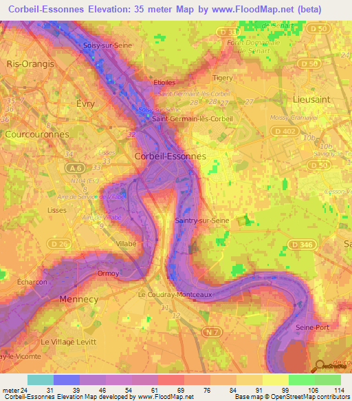 Corbeil-Essonnes,France Elevation Map